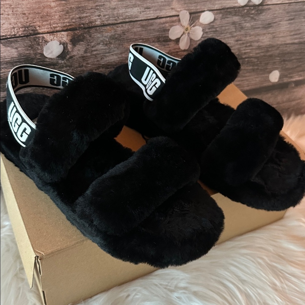 UGG Black Fluffy Slides Size 8